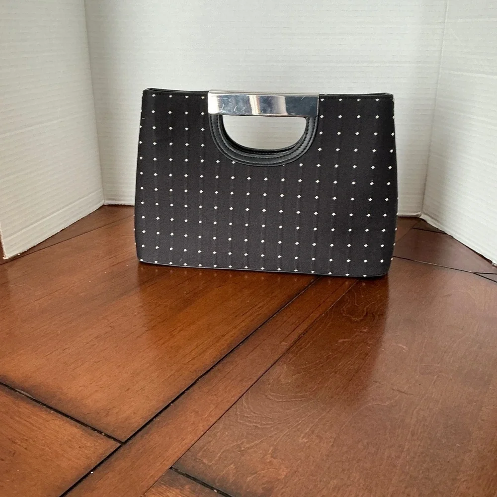 NWOT White House Black Market Black Pin Dot Handheld Clutch Silver Metal Bar - Picture 2 of 7